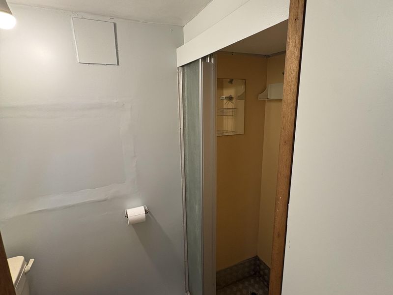 A compact bathroom featuring a shower enclosure, toilet, and extractor fan, requiring cosmetic updates to improve the overall finish and aesthetic appeal.