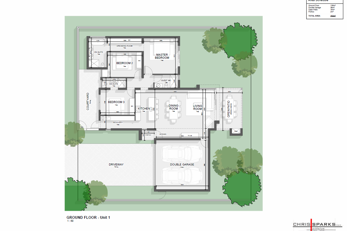 A detailed architectural floor plan for a ground floor unit, showcasing the layout of bedrooms, living areas, kitchen, scullery, and double garage.