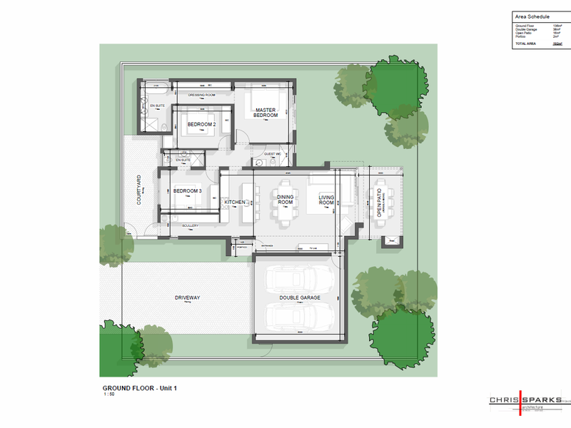 A detailed architectural floor plan for a ground floor unit, showcasing the layout of bedrooms, living areas, kitchen, scullery, and double garage.