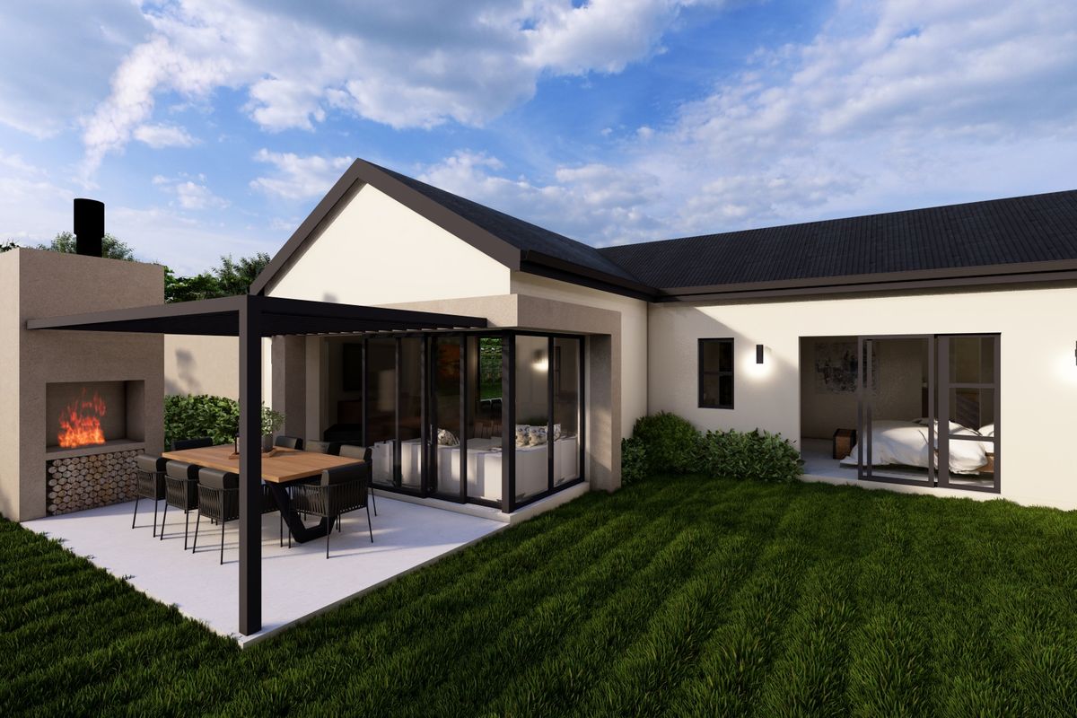 A modern rear exterior view featuring a covered patio with a built-in fireplace, sliding glass doors, and a well-maintained garden.