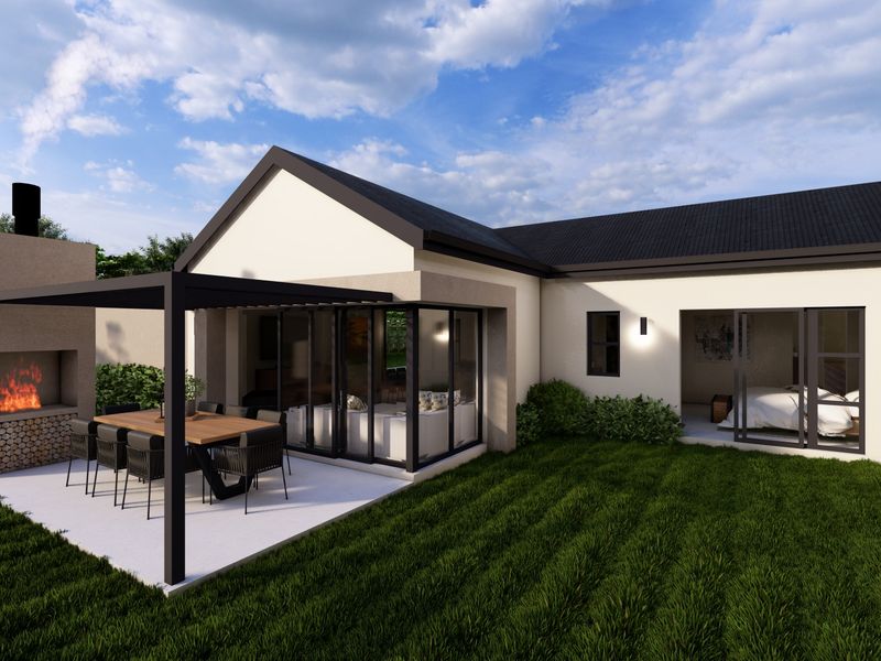 A modern rear exterior view featuring a covered patio with a built-in fireplace, sliding glass doors, and a well-maintained garden.