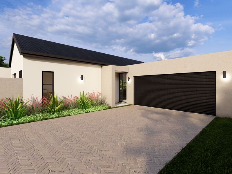 Modern front elevation featuring a herringbone paved driveway, automated garage door, and clean architectural lines with integrated exterior lighting.