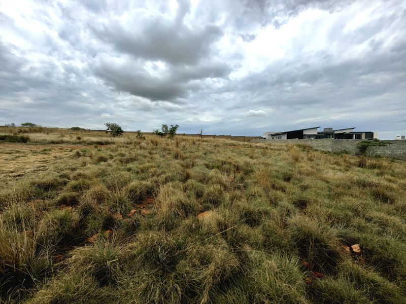 A view of a vacant residential plot featuring natural grass coverage and a perimeter boundary wall under a cloudy sky.