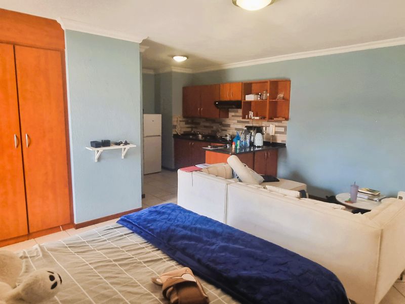 Open-plan studio apartment featuring a combined living and sleeping area with built-in cupboards and a functional kitchen with dark countertops.