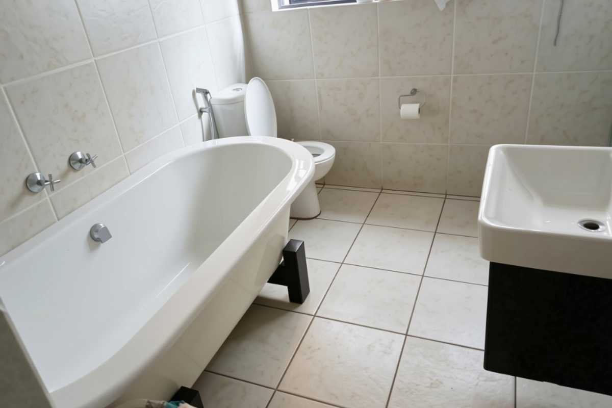 A clean, functional bathroom featuring a modern freestanding bathtub, wall-mounted basin, and neutral ceramic tiling throughout.