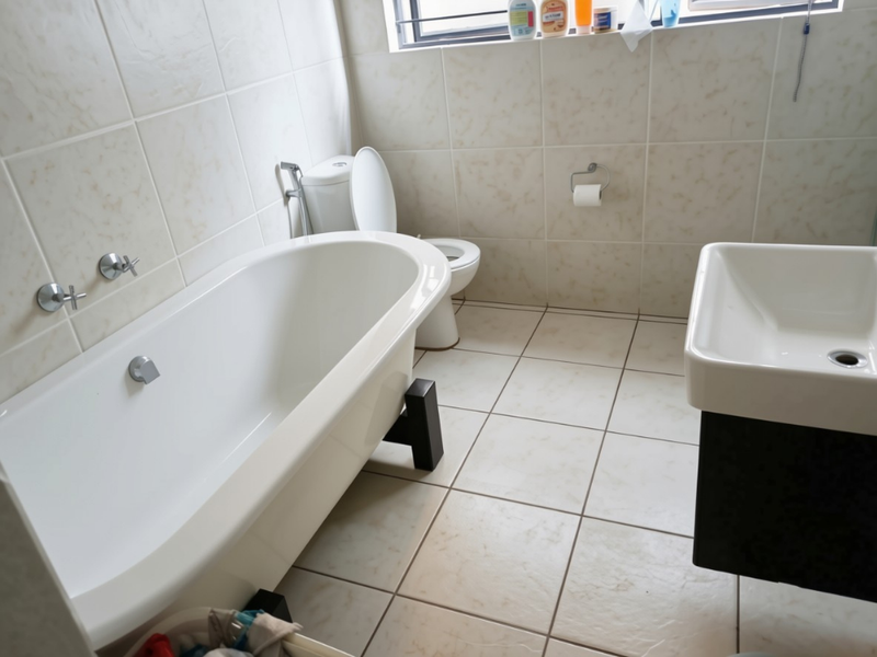 A clean, functional bathroom featuring a modern freestanding bathtub, wall-mounted basin, and neutral ceramic tiling throughout.