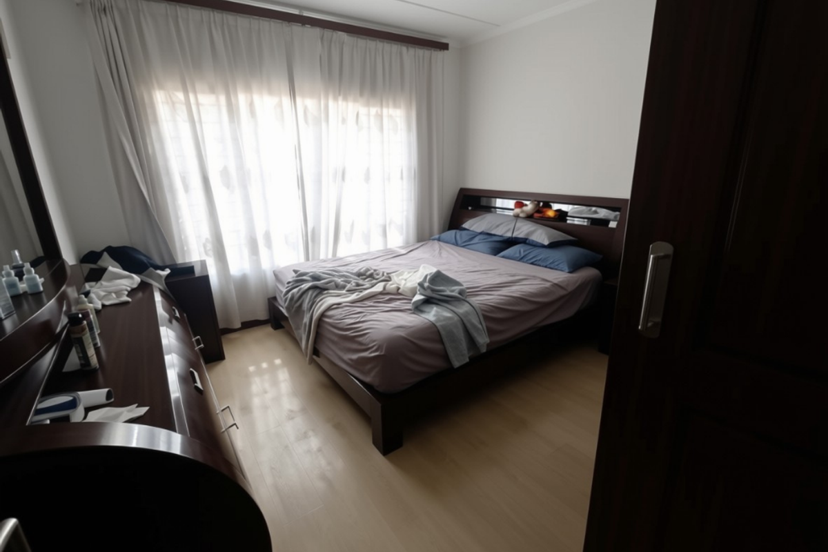 A well-lit bedroom featuring light-toned laminate flooring and a large window with curtain treatments, providing a comfortable and functional sleeping space.