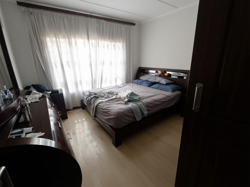 A well-lit bedroom featuring light-toned laminate flooring and a large window with curtain treatments, providing a comfortable and functional sleeping space.