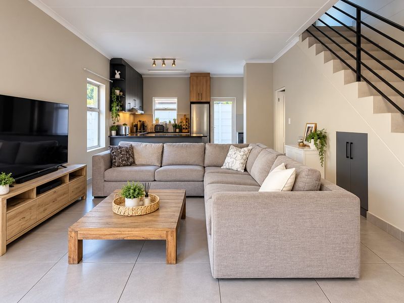 Modern open-plan living area featuring tiled floors, a sleek staircase with metal balustrade, and a well-appointed kitchen with contemporary cabinetry.