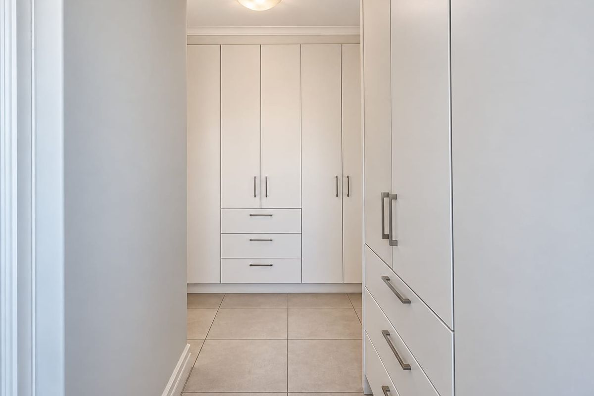 A clean and modern dressing area or bedroom space featuring extensive built-in white cabinetry with sleek handles and neutral tiled flooring.