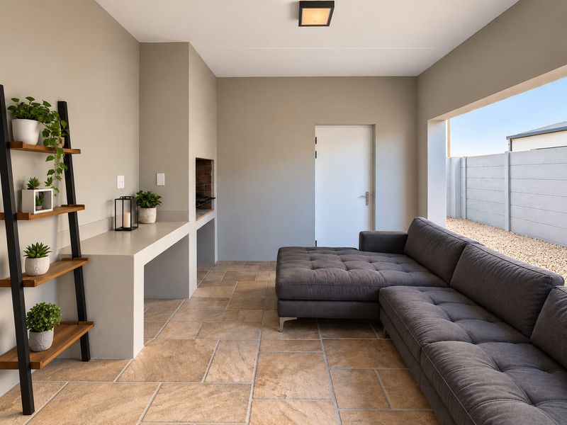 A modern covered patio featuring a built-in braai, concrete prep counter, and durable tiled flooring, opening to an outdoor area.
