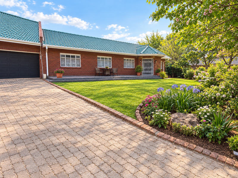 A well-maintained single-story brick home featuring a paved driveway, a green tiled roof, and a neatly landscaped front garden.
