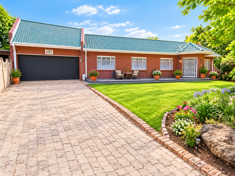 Well-maintained single-story brick home featuring a tiled roof, paved driveway, double garage, and a neatly landscaped front garden.