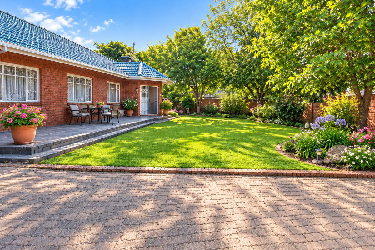 A well-maintained rear exterior featuring a brick facade, tiled roof, paved patio area, and a lush, landscaped garden with a brick-paved driveway.