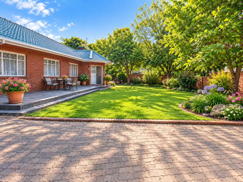 A well-maintained rear exterior featuring a brick facade, tiled roof, paved patio area, and a lush, landscaped garden with a brick-paved driveway.