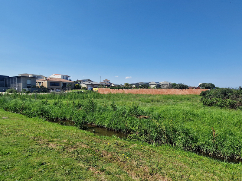 A vacant residential plot featuring natural grass coverage, a drainage ditch, and a brick boundary wall, situated in a developed residential neighborhood.