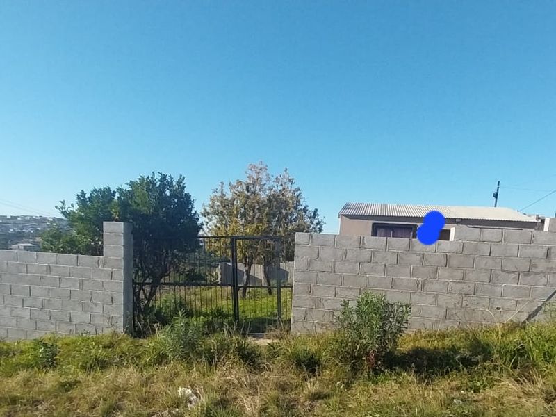 A view of the rear property boundary featuring a concrete block wall and metal gate, with surrounding overgrown garden area.
