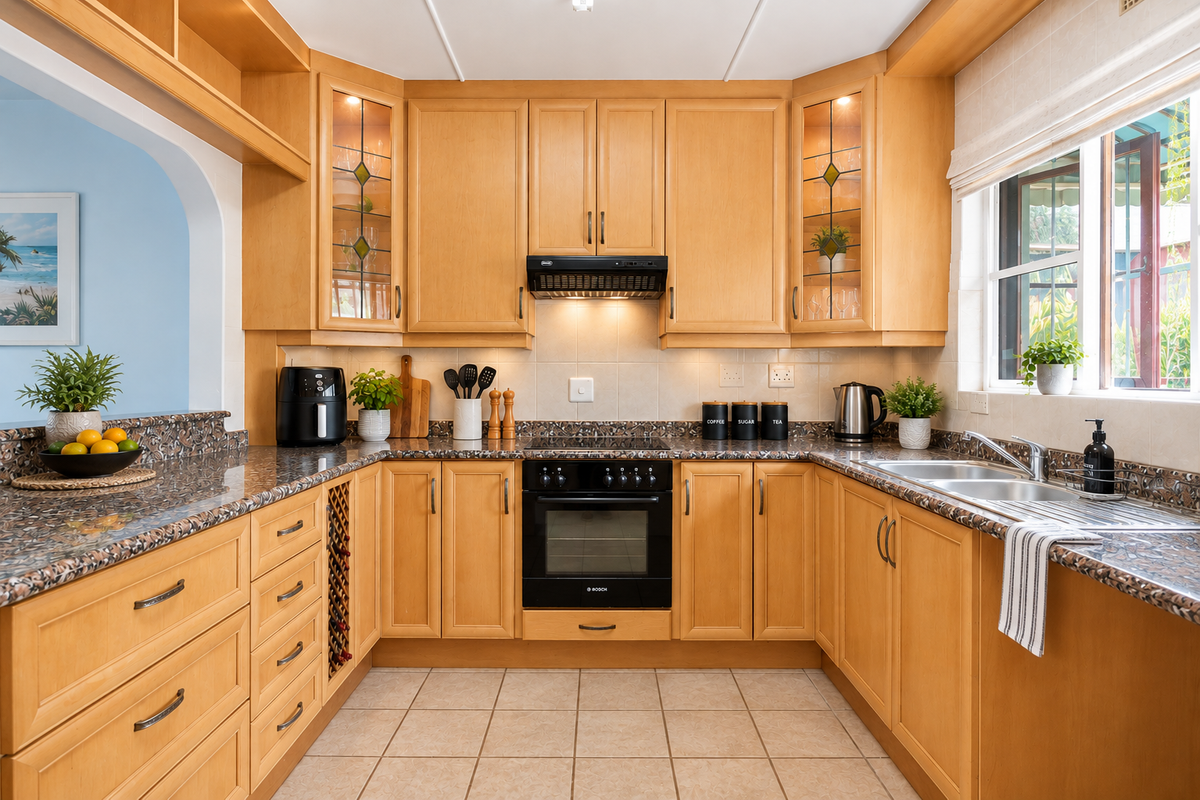 A well-maintained kitchen featuring warm wooden cabinetry, granite countertops, integrated oven, and a functional layout with ample storage and natural light.