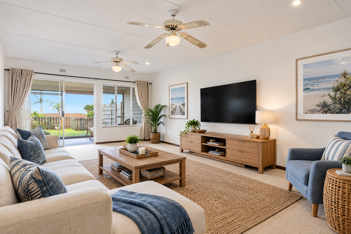 A bright and well-maintained living room featuring dual ceiling fans, neutral carpeting, and large sliding glass doors providing access to the rear patio.
