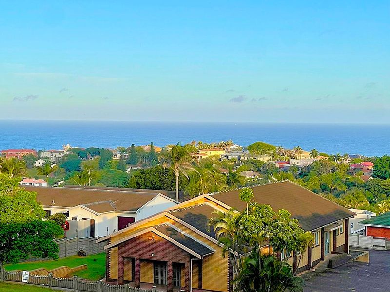 Elevated coastal view overlooking residential properties with a clear horizon and ocean backdrop.