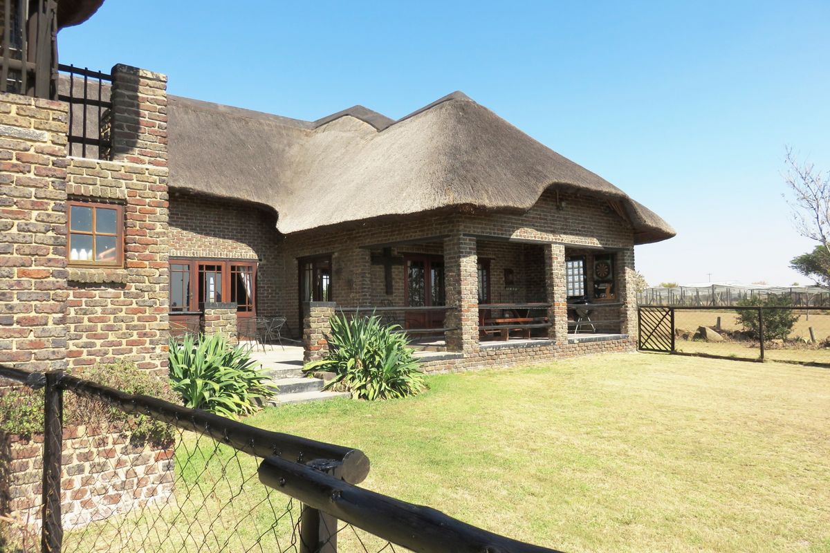 Rear view of a face brick house featuring a traditional thatched roof and a spacious covered patio overlooking the garden.