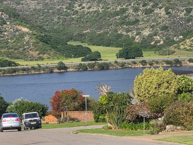 A scenic view overlooking a river and natural landscape, featuring established garden greenery in the foreground.