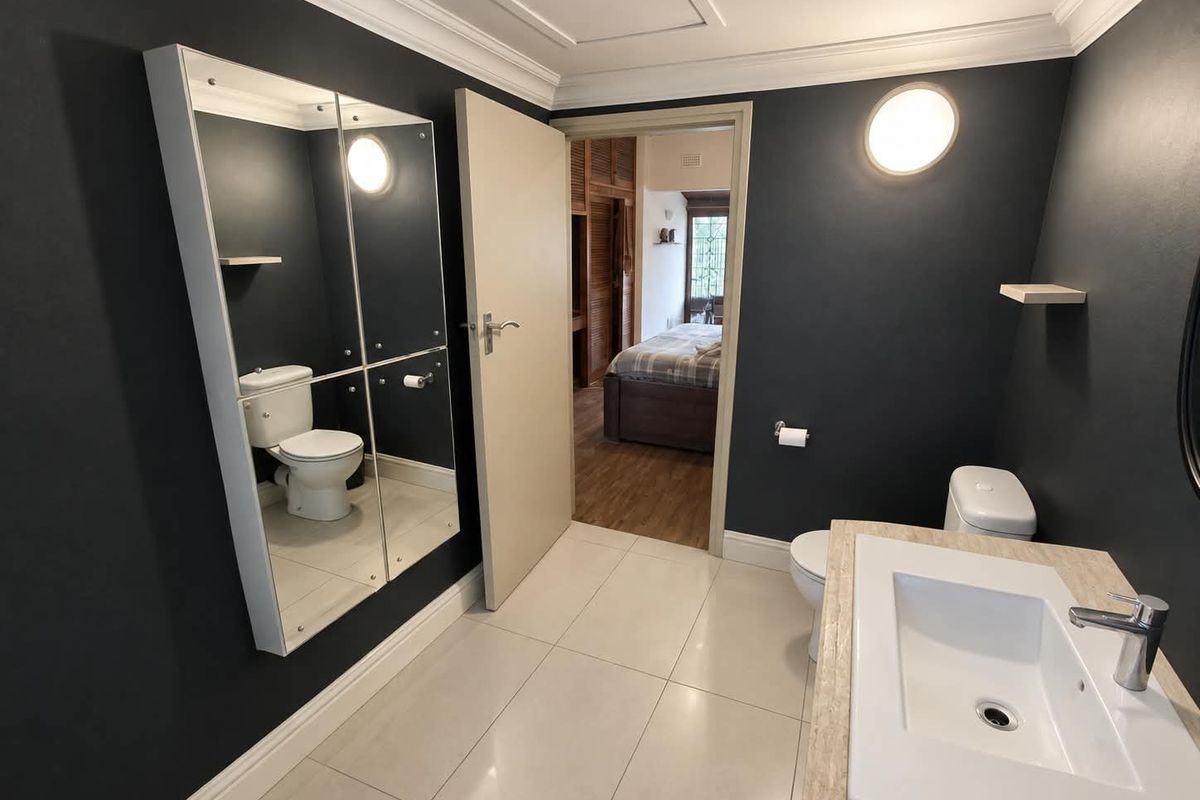 Modern bathroom featuring a vanity basin, toilet, tiled flooring, and dark accent walls with elegant crown molding.
