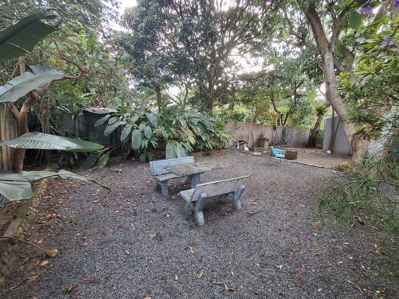 A spacious, tree-filled garden featuring a gravel surface, mature landscaping, and a built-in braai area, offering potential for outdoor renovation and landscaping.