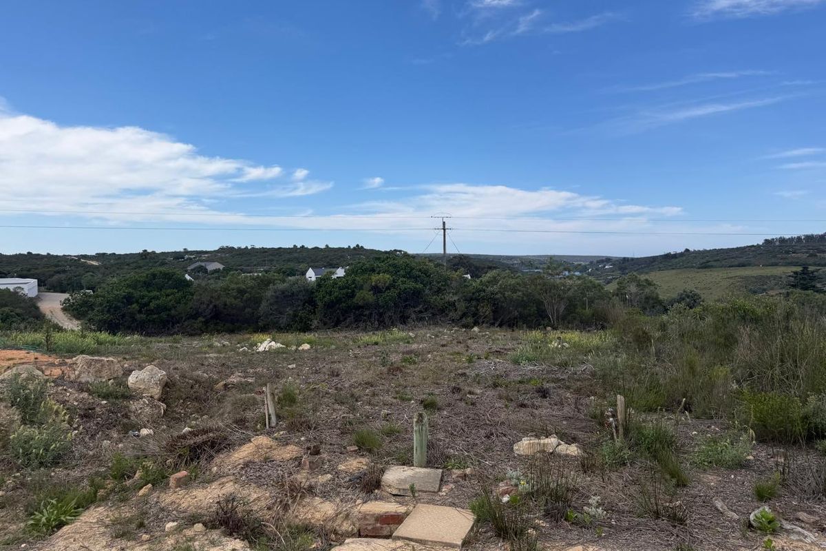 A view of the vacant residential land featuring natural vegetation, survey markers, and distant landscape views under a clear blue sky.