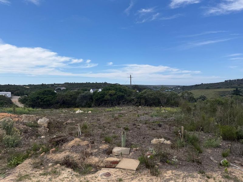 A view of the vacant residential land featuring natural vegetation, survey markers, and distant landscape views under a clear blue sky.
