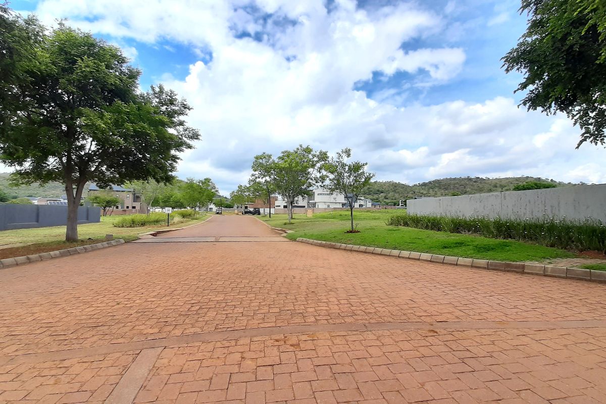 A view of a paved residential street within a developed estate, featuring established trees, manicured verges, and concrete boundary walls.