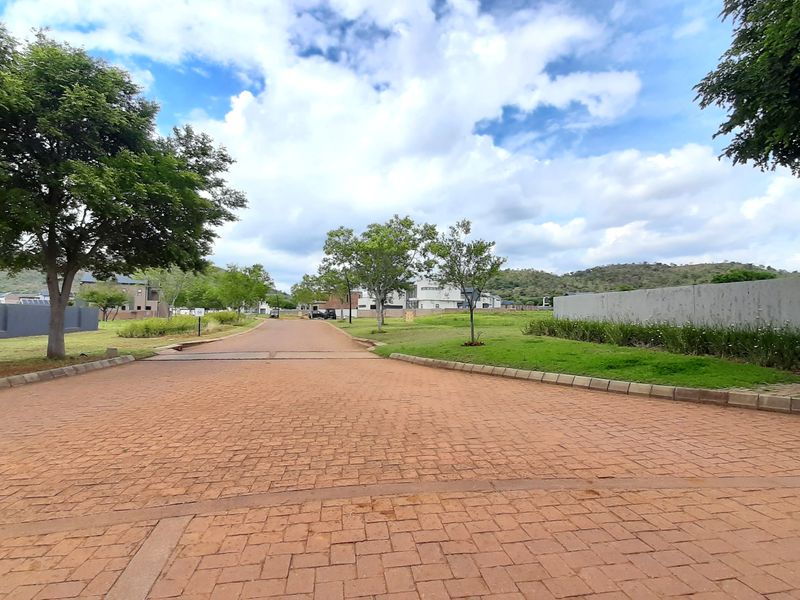 A view of a paved residential street within a developed estate, featuring established trees, manicured verges, and concrete boundary walls.