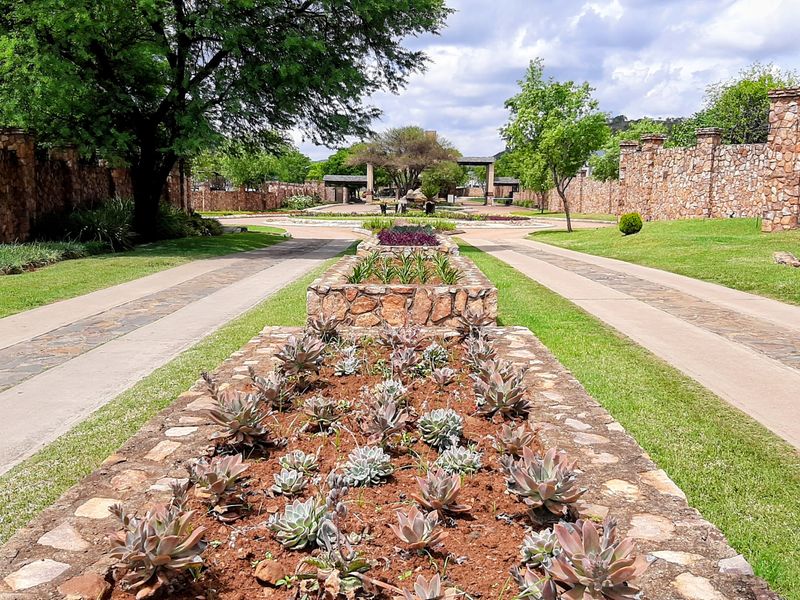 A well-maintained residential garden featuring stone-paved driveways, raised stone garden beds with succulents, and extensive stone boundary walls.