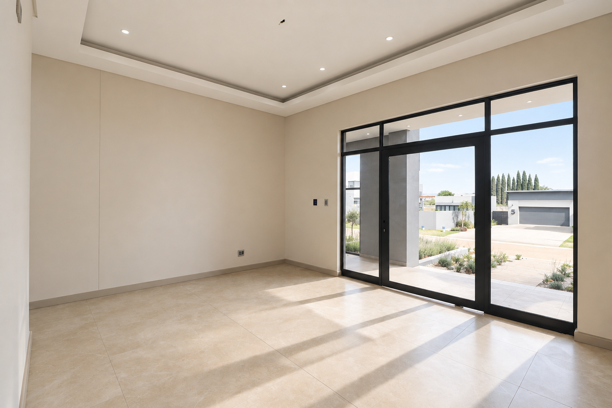 A bright, modern, and empty living area featuring large glass sliding doors, recessed ceiling lighting, and neutral porcelain floor tiles.