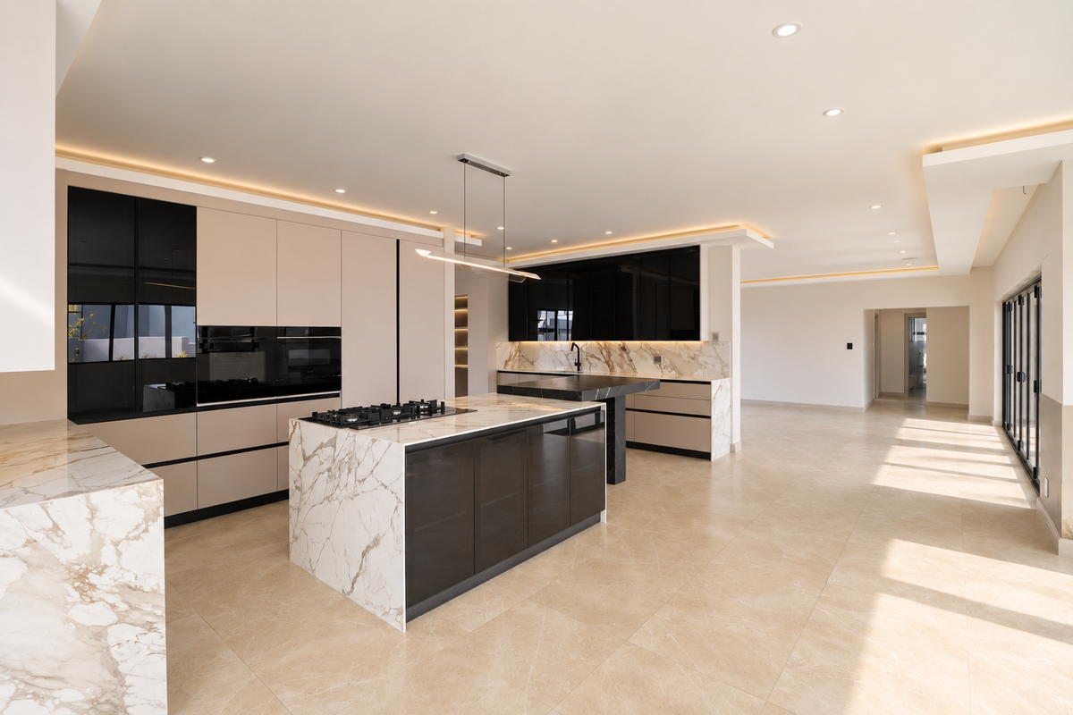 Modern, high-end kitchen featuring a large marble island, integrated cabinetry, built-in appliances, and sleek stone finishes in an open-plan layout.