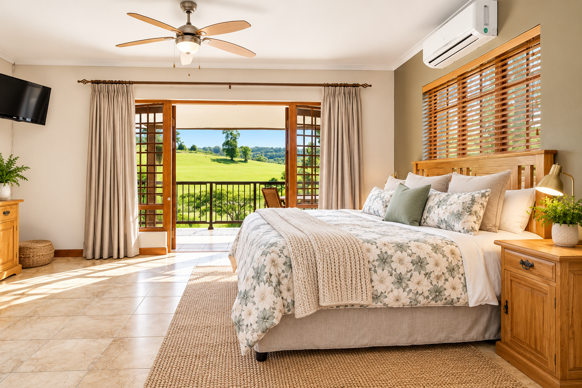 Spacious bedroom featuring tiled flooring, a ceiling fan, split system air conditioning, and direct access to a private balcony with scenic rural views.