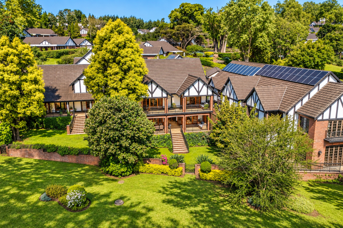Aerial view of a large, well-maintained townhouse complex featuring Tudor-style architecture, tiled roofs, solar panels, and expansive landscaped garden areas.