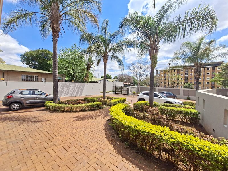 A well-maintained front entrance area featuring a paved driveway, established palm trees, and manicured garden hedges enclosed by a perimeter wall.