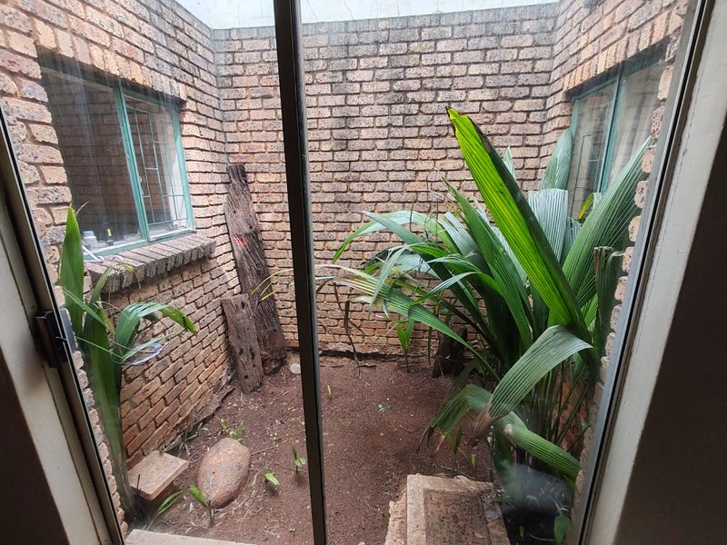 A small, enclosed courtyard or light well featuring exposed brick walls and metal-framed windows, offering potential for a private garden or patio space.
