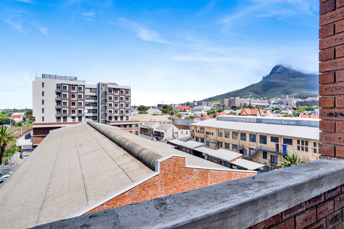 An elevated urban view overlooking surrounding industrial and residential buildings with a prominent mountain backdrop.
