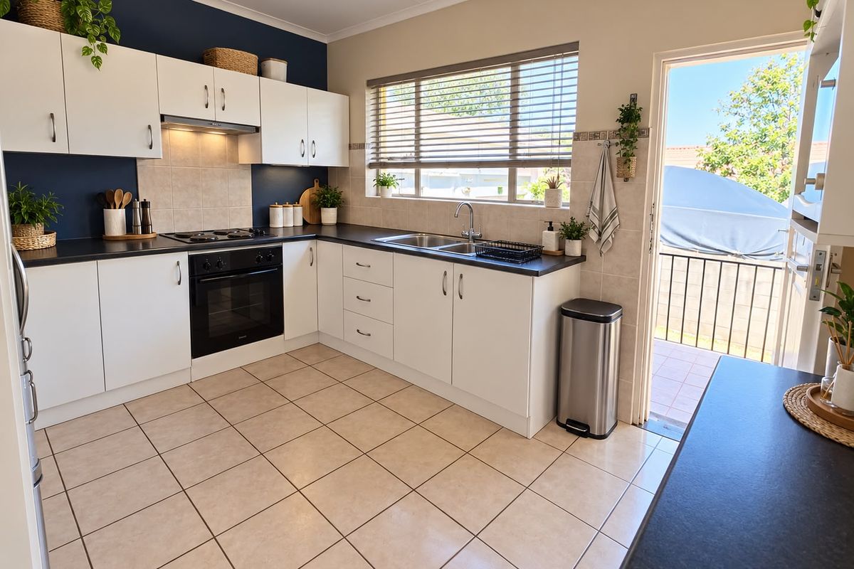 A well-maintained kitchen featuring white cabinetry, dark countertops, built-in oven and hob, tiled flooring, and direct access to an outdoor patio area.
