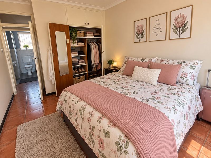 A cozy bedroom featuring built-in wardrobe storage, tiled flooring, and direct access to an adjoining bathroom.