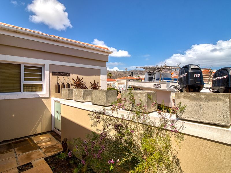 A paved rear patio area featuring a low boundary wall with integrated concrete planters and access to the main dwelling.