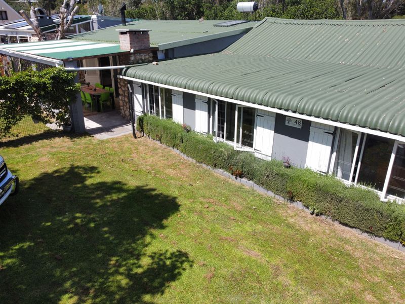 Aerial view of the rear elevation featuring a corrugated metal roof, brick chimney, covered patio area, and established garden surroundings.