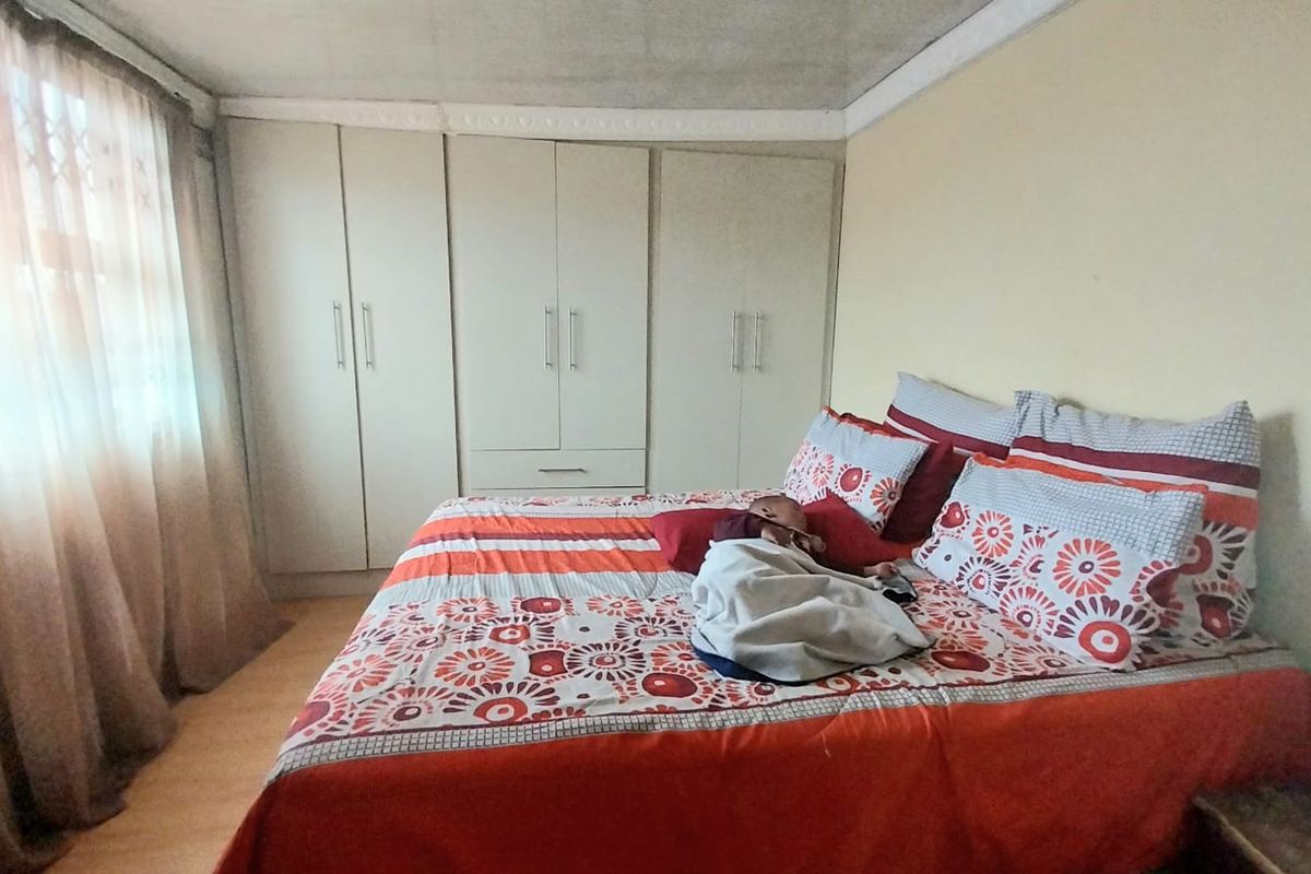 A bedroom featuring built-in cupboards, laminate flooring, and decorative ceiling cornicing.