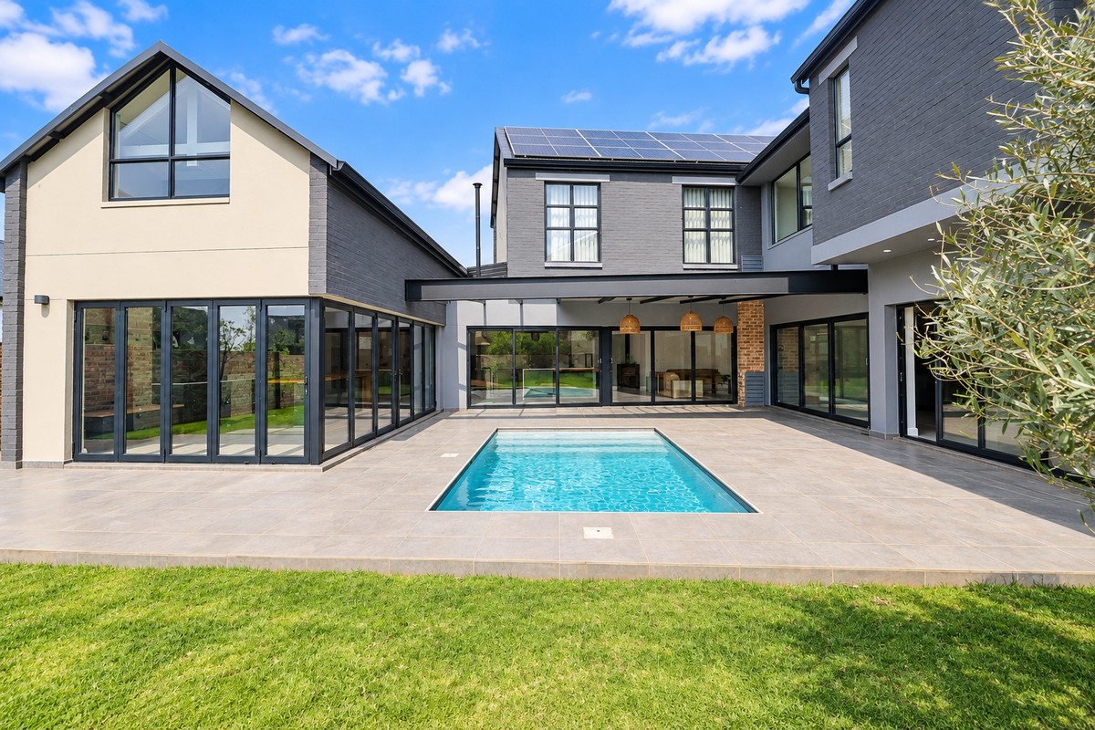 Modern rear exterior featuring a swimming pool, expansive tiled patio, and large bi-fold doors connecting the indoor and outdoor living spaces.