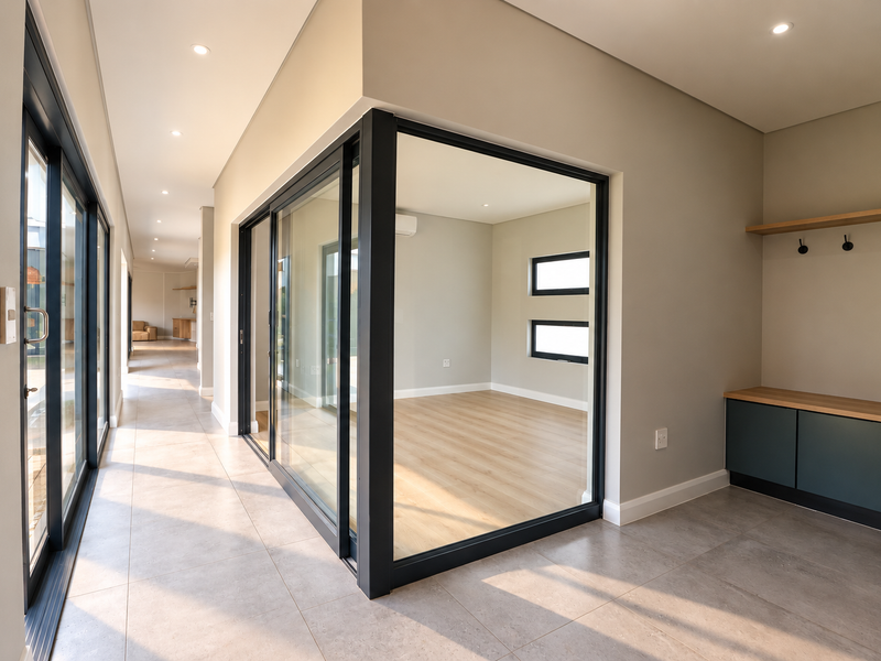 A modern, bright hallway featuring large sliding glass doors, tiled flooring, and built-in storage cabinetry with a floating shelf.