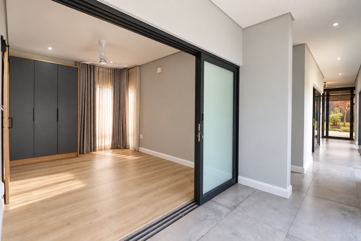 A bright, modern bedroom featuring built-in wardrobes, laminate flooring, and a sliding glass door that opens onto a tiled hallway.