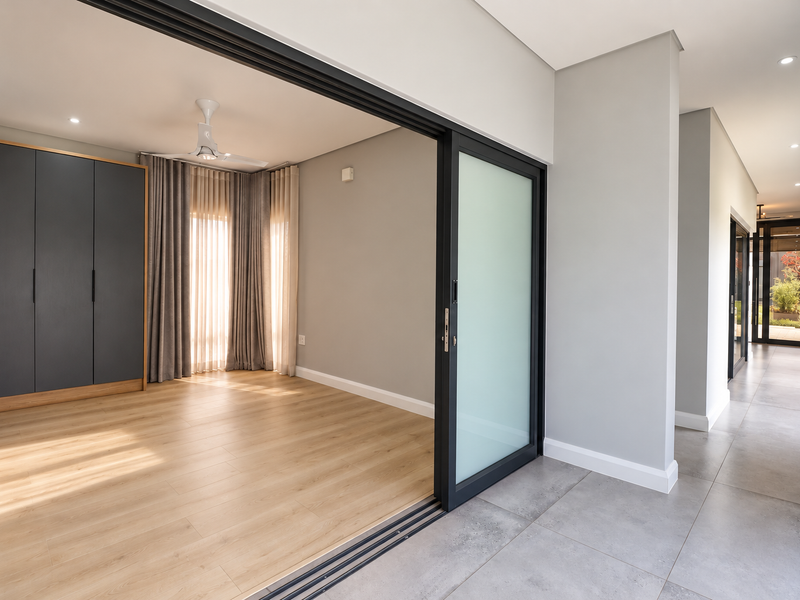 A bright, modern bedroom featuring built-in wardrobes, laminate flooring, and a sliding glass door that opens onto a tiled hallway.
