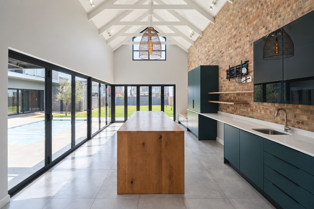 Modern kitchen featuring exposed brick walls, vaulted ceilings with timber trusses, sleek dark cabinetry, stone countertops, and expansive bi-fold doors opening to the pool area.